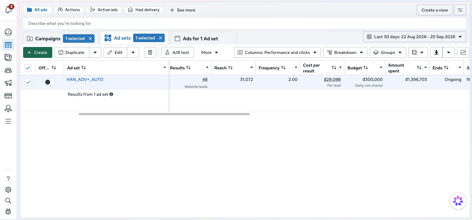 Meta Ads Manager showing the recruiting campaign results